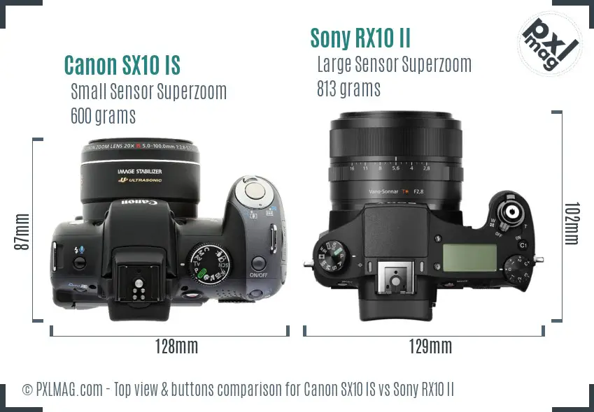 Canon SX10 IS vs Sony RX10 II top view buttons comparison