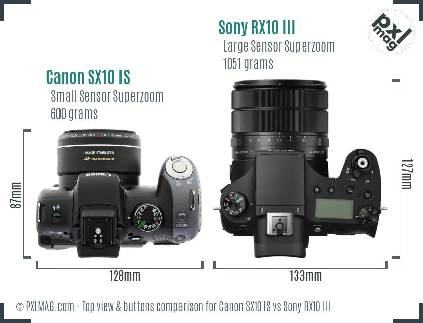 Canon SX10 IS vs Sony RX10 III top view buttons comparison