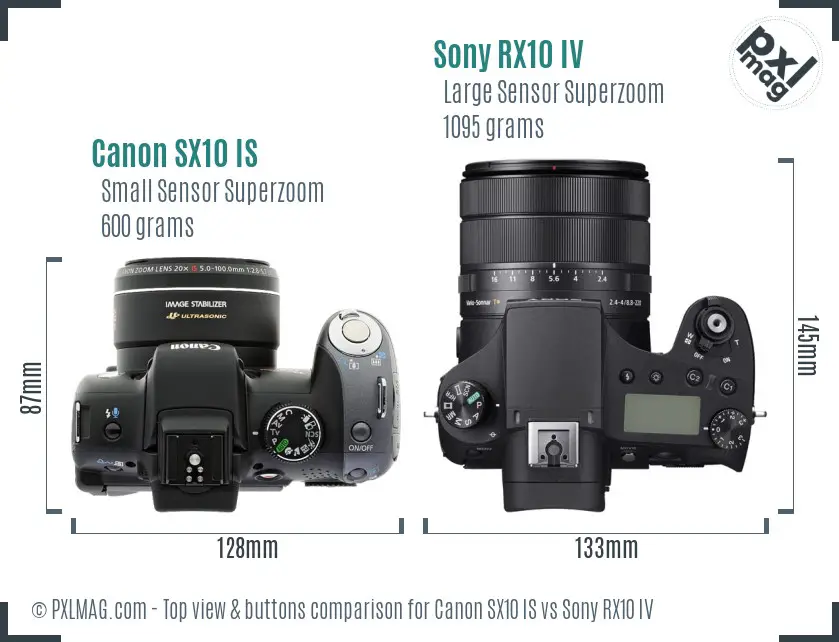 Canon SX10 IS vs Sony RX10 IV top view buttons comparison