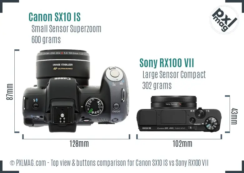 Canon SX10 IS vs Sony RX100 VII top view buttons comparison Canon SX10 IS vs Sony RX100 VII top view buttons comparison