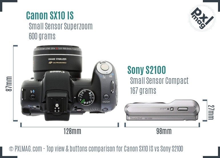 Canon SX10 IS vs Sony S2100 top view buttons comparison