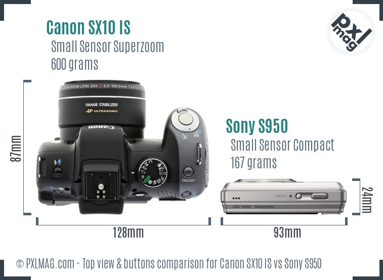 Canon SX10 IS vs Sony S950 top view buttons comparison
