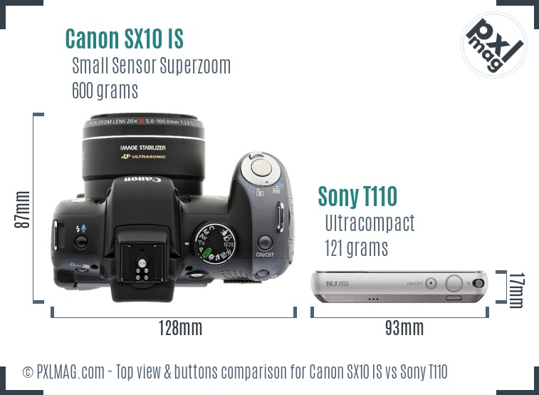 Canon SX10 IS vs Sony T110 top view buttons comparison