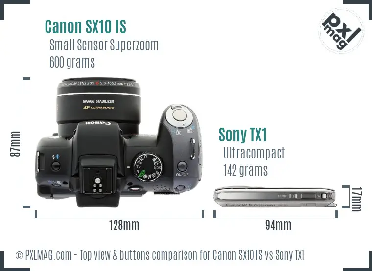 Canon SX10 IS vs Sony TX1 top view buttons comparison Canon SX10 IS vs Sony TX1 top view buttons comparison
