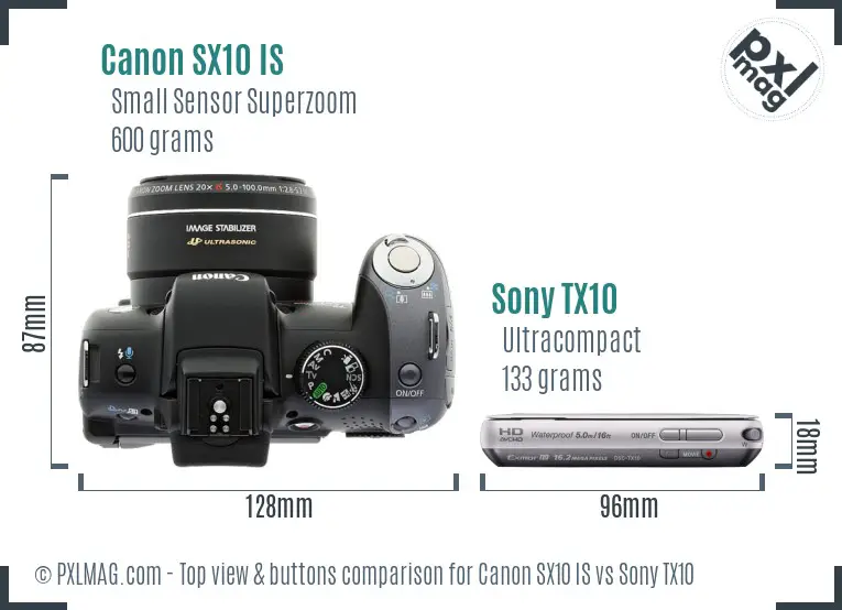 Canon SX10 IS vs Sony TX10 top view buttons comparison Canon SX10 IS vs Sony TX10 top view buttons comparison