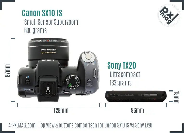 Canon SX10 IS vs Sony TX20 top view buttons comparison