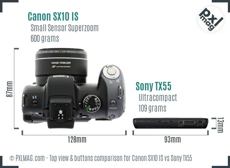 Canon SX10 IS vs Sony TX55 top view buttons comparison
