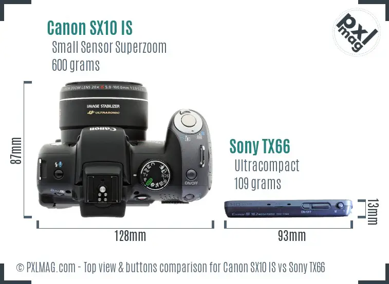 Canon SX10 IS vs Sony TX66 top view buttons comparison