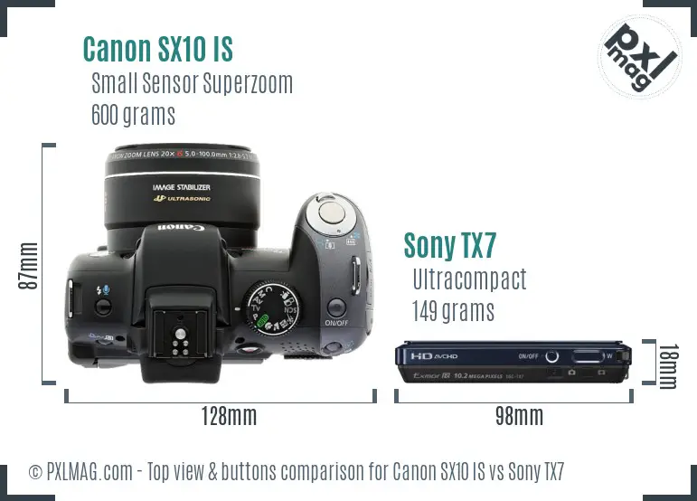 Canon SX10 IS vs Sony TX7 top view buttons comparison Canon SX10 IS vs Sony TX7 top view buttons comparison