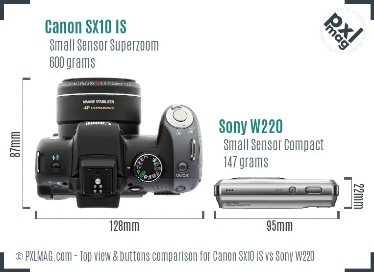 Canon SX10 IS vs Sony W220 top view buttons comparison