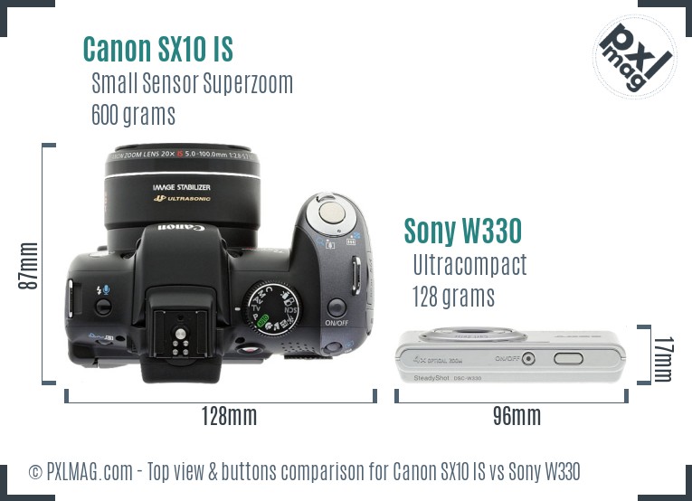 Canon SX10 IS vs Sony W330 top view buttons comparison