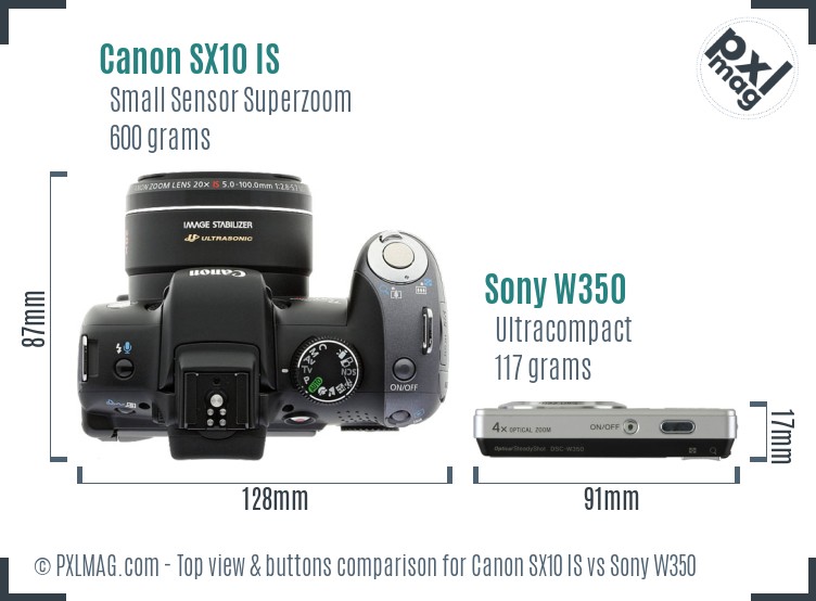 Canon SX10 IS vs Sony W350 top view buttons comparison
