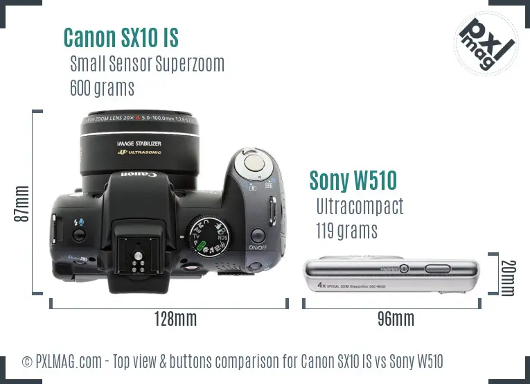 Canon SX10 IS vs Sony W510 top view buttons comparison