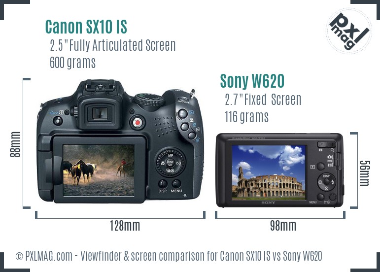 Canon SX10 IS vs Sony W620 Screen and Viewfinder comparison