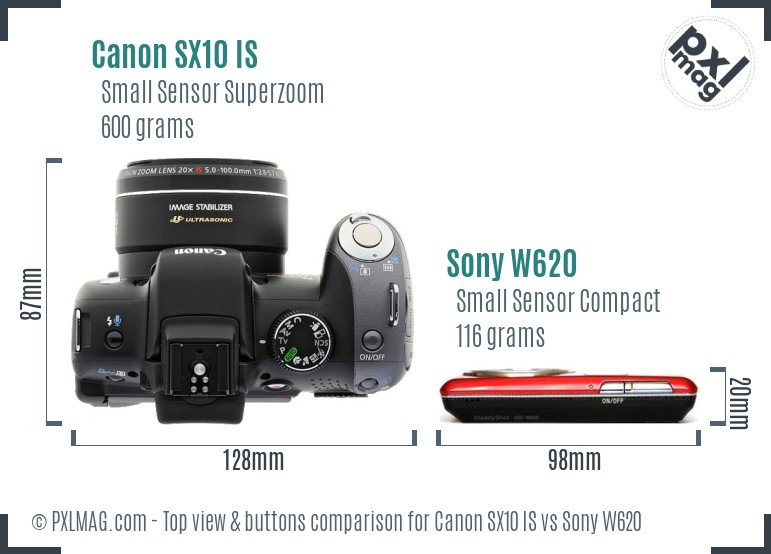 Canon SX10 IS vs Sony W620 top view buttons comparison