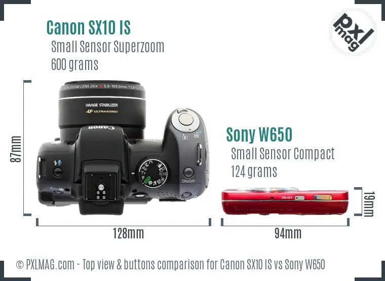 Canon SX10 IS vs Sony W650 top view buttons comparison Canon SX10 IS vs Sony W650 top view buttons comparison