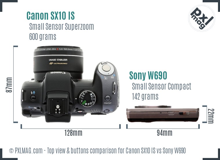 Canon SX10 IS vs Sony W690 top view buttons comparison