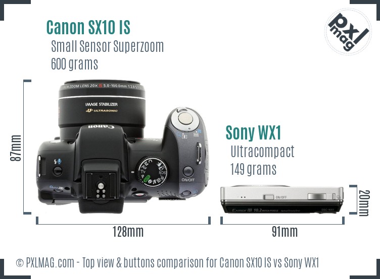 Canon SX10 IS vs Sony WX1 top view buttons comparison