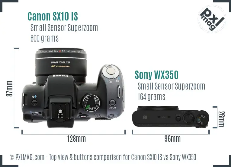 Canon SX10 IS vs Sony WX350 top view buttons comparison
