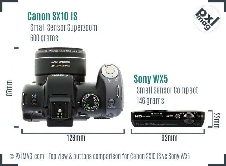 Canon SX10 IS vs Sony WX5 top view buttons comparison