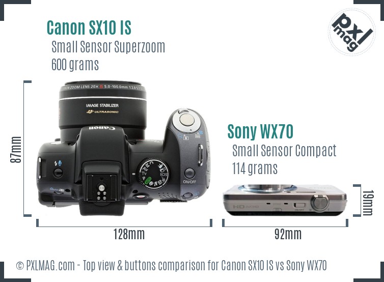 Canon SX10 IS vs Sony WX70 top view buttons comparison
