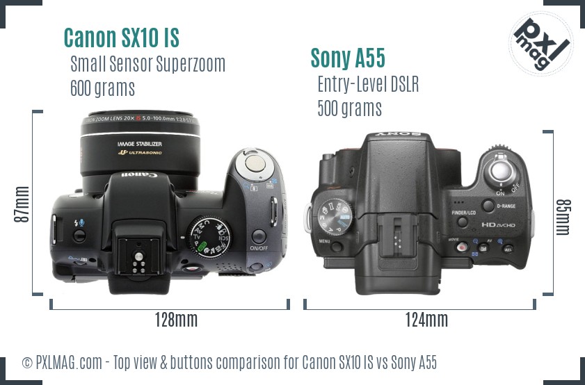 Canon SX10 IS vs Sony A55 top view buttons comparison
