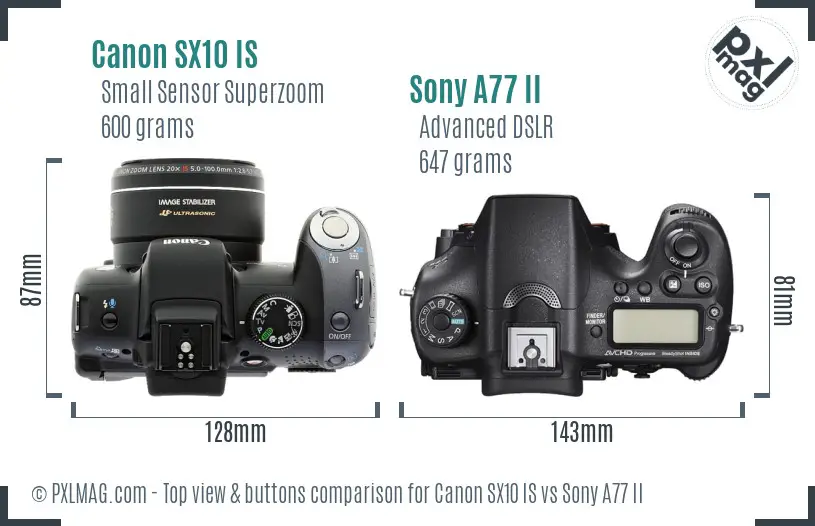 Canon SX10 IS vs Sony A77 II top view buttons comparison