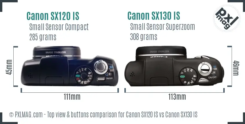 Canon SX120 IS vs Canon SX130 IS top view buttons comparison