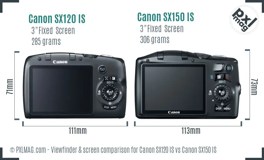 Canon SX120 IS vs Canon SX150 IS Screen and Viewfinder comparison