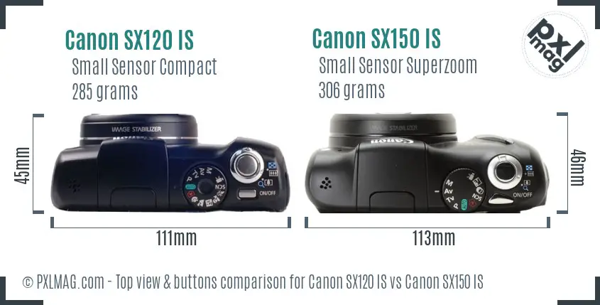 Canon SX120 IS vs Canon SX150 IS top view buttons comparison