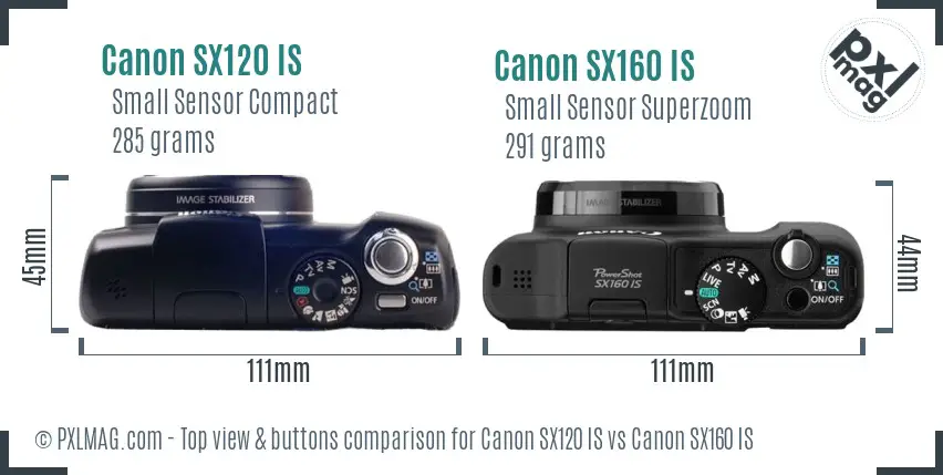 Canon SX120 IS vs Canon SX160 IS top view buttons comparison