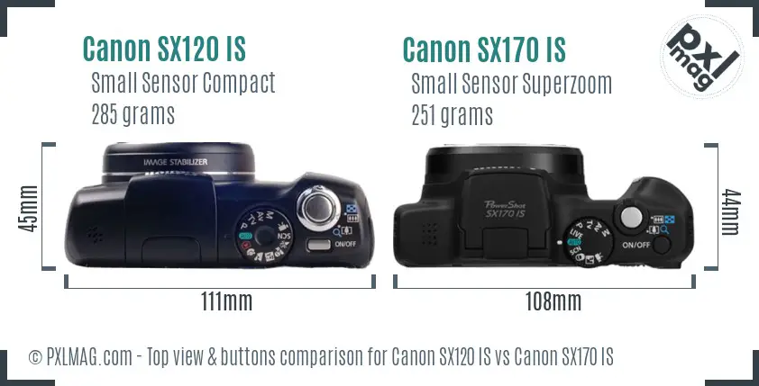 Canon SX120 IS vs Canon SX170 IS top view buttons comparison