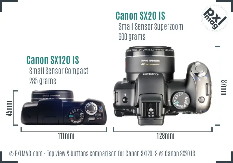 Canon SX120 IS vs Canon SX20 IS top view buttons comparison