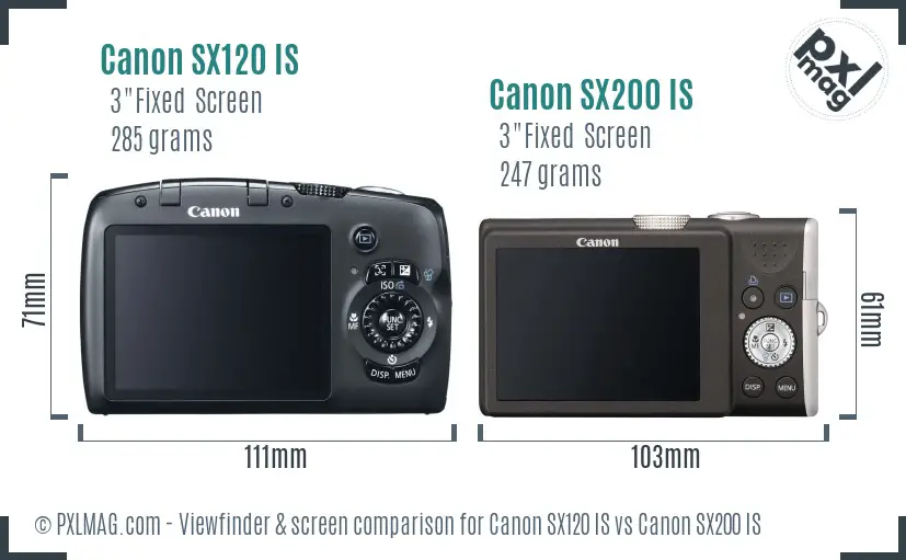 Canon SX120 IS vs Canon SX200 IS Screen and Viewfinder comparison