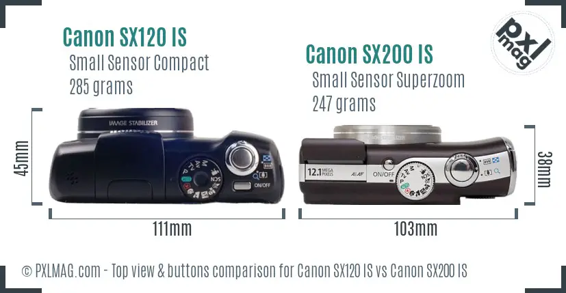Canon SX120 IS vs Canon SX200 IS top view buttons comparison