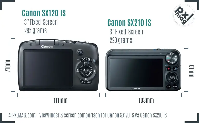 Canon SX120 IS vs Canon SX210 IS Screen and Viewfinder comparison
