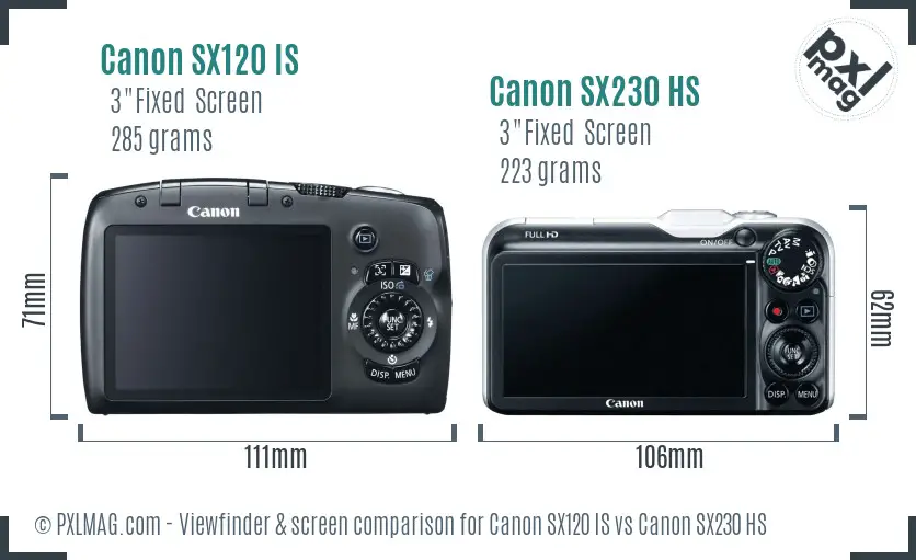 Canon SX120 IS vs Canon SX230 HS Screen and Viewfinder comparison