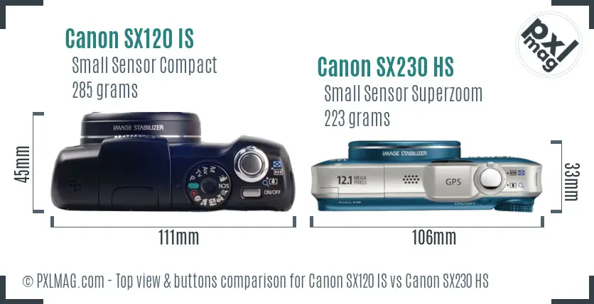 Canon SX120 IS vs Canon SX230 HS top view buttons comparison