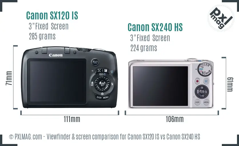 Canon SX120 IS vs Canon SX240 HS Screen and Viewfinder comparison