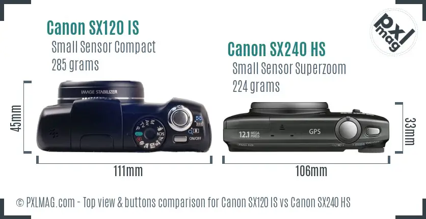 Canon SX120 IS vs Canon SX240 HS top view buttons comparison