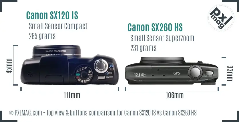 Canon SX120 IS vs Canon SX260 HS top view buttons comparison
