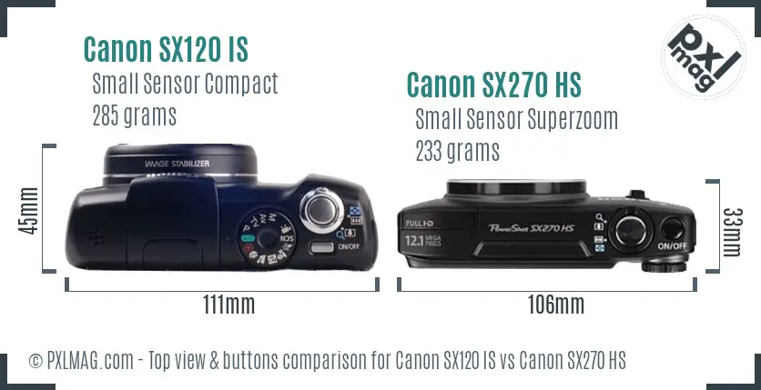 Canon SX120 IS vs Canon SX270 HS top view buttons comparison