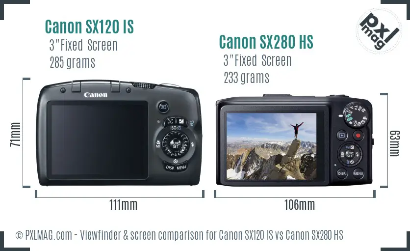 Canon SX120 IS vs Canon SX280 HS Screen and Viewfinder comparison