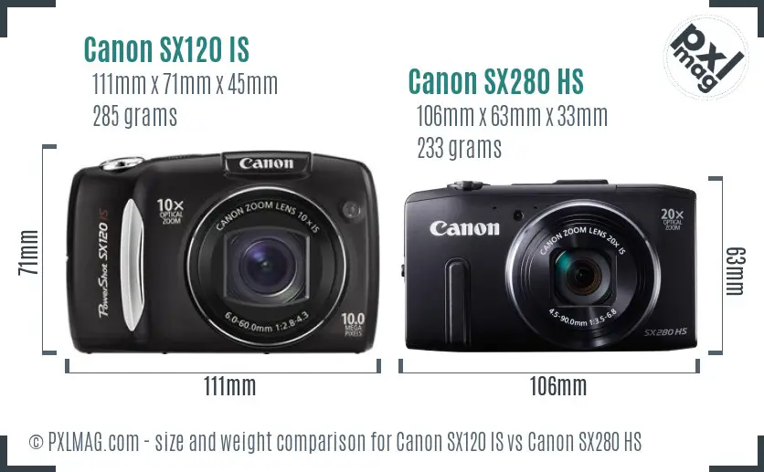 Canon SX120 IS vs Canon SX280 HS size comparison