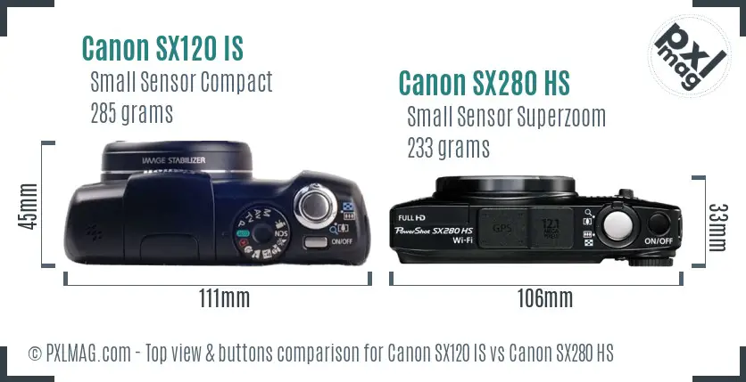 Canon SX120 IS vs Canon SX280 HS top view buttons comparison