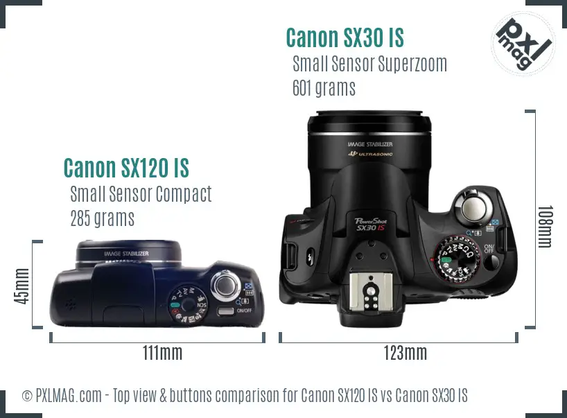 Canon SX120 IS vs Canon SX30 IS top view buttons comparison