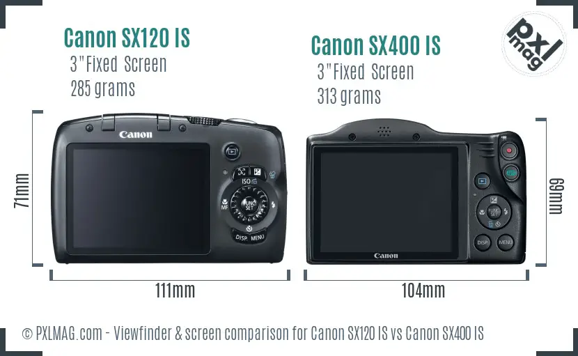 Canon SX120 IS vs Canon SX400 IS Screen and Viewfinder comparison