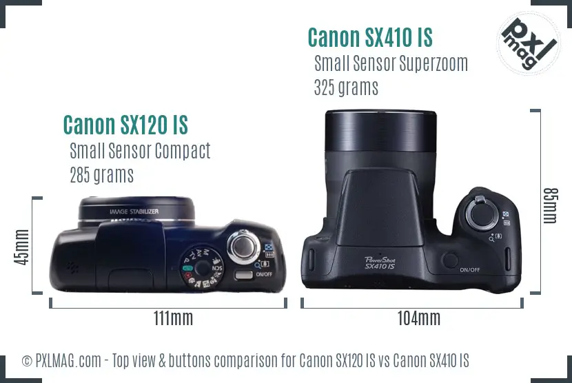 Canon SX120 IS vs Canon SX410 IS top view buttons comparison