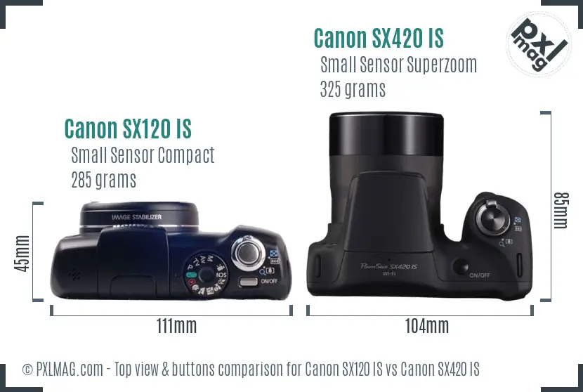 Canon SX120 IS vs Canon SX420 IS top view buttons comparison