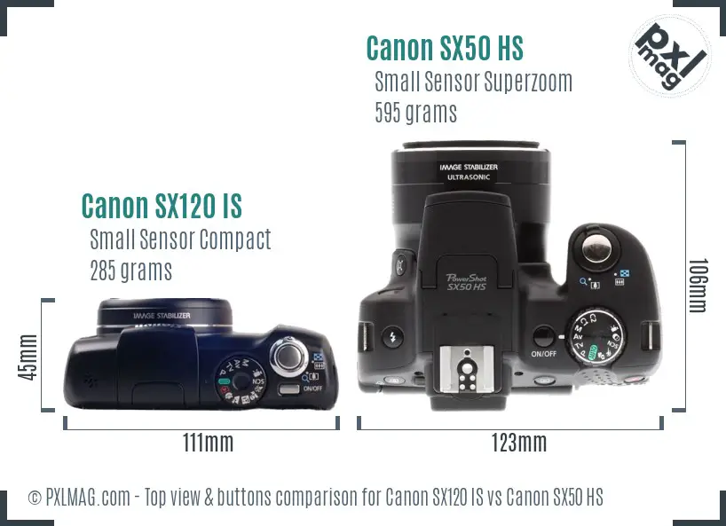 Canon SX120 IS vs Canon SX50 HS top view buttons comparison